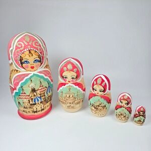 5 Hand Painted Wood-Burned 7" Russian Nesting Dolls Wooden Matryoshka Babushka